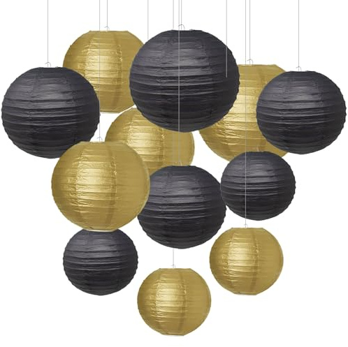 Forbabe 12 Stück Papierlaterne Schwarz Gold Papierlampion (Ø 15/20/25/30cm) | Classic Gerippter Papier Laterne Hängende Papierlaternen Wiederverwendbar Runde Lampenschirm für Hochzeit Gartenparty