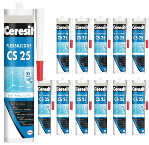 Sanitär Silikon CS25 Marmor Grau für Innen und Außen Bad und Küche - Schimmelressistent - UV- Alterungs- und Witterungsbeständig - dauerhafte Elastizität - Elastisch und dehnbar (12 x 280ml)