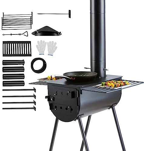 VEVOR Estufa de leña portátil de 118 pulgadas, estufa de tienda de campaña de aleación de acero con caja de fuego de 3000 pulgadas ³, calefacción al aire libre y estufa de cocina con tubos de chimenea