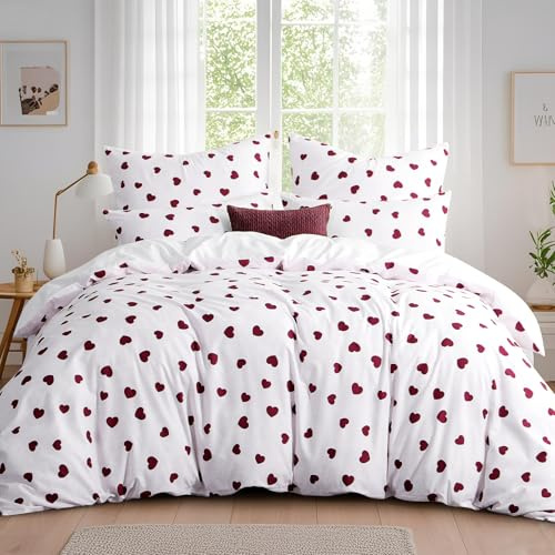 Tifschlaf Double Duvet Set - Double Bedding Set with Pillowcases, Ultrasoft Microfiber Luxury Non Iron Quilt Cover with Zipper Closure, Cute Red Heart for Girls Women, 200x200cm