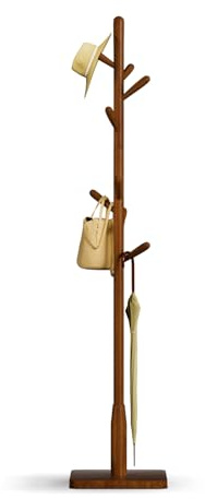 Awatiwa Solid Wood Square Base Coat Rack, Free Standing Hall Coat Tree with 8 Hooks（+2 spare for Coats, Hats, Bags, Purses, for Entryway, Hallway, Rubberwood Hooks,Base and Pole,(Square Base,Brown)