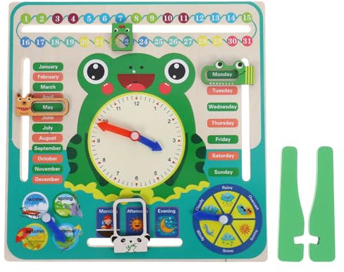 TOYANDONA Holzuhr Mit Kalender Für Junge Mädchen Froschdesign Lernuhr Zeitkonzept Verstehen Wochentag Lernen Montessori Spielzeug Bildungsmaterial
