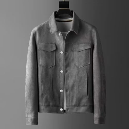 Mens Casual Suede Leather Jacket with Long Sleeves for Transitional Wear (L Grey)