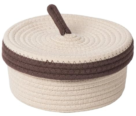 LfrXtra Home - Cesta de almacenamiento de cuerda de algodón tejida hecha a mano para dormitorio, escritorio, decoración del hogar con tapa