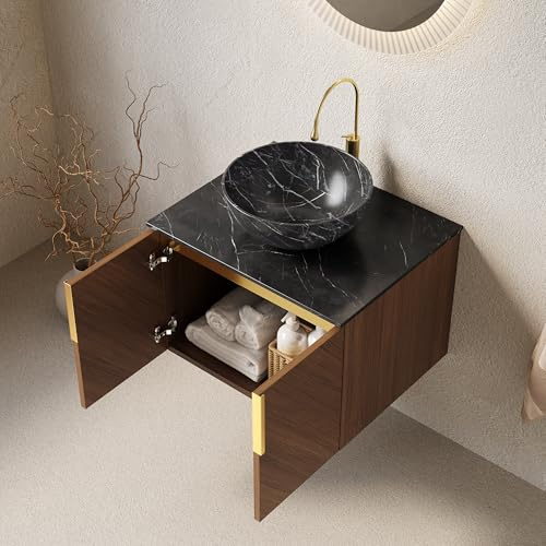 Arhatreya Lavabo de pared de 61 cm, lavabo de baño con cuenco negro, lavabo de cerámica con patrón de piedra, encimera de piedra sinterizada negra, armario de madera contrachapada con 2 puertas