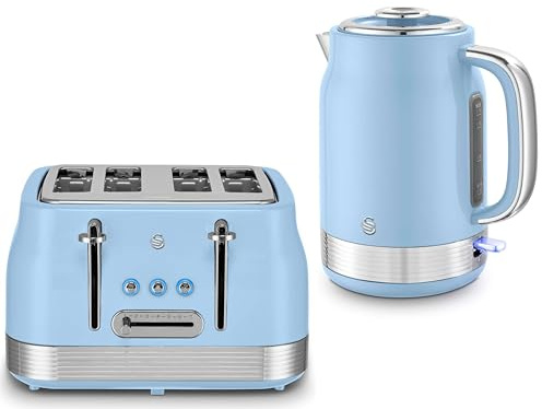 Swan Retro Revive Blue 1.7L 3KW Jug Kettle & 4 Slice Toaster. Matching Retro Design Kettle & Toaster Set in Blue with Chrome Accents