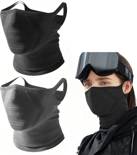 Rayakt 2PCS Scarf Mask with Ear Loops, Windproof Neck Gaiter, Breathable Face Mask Balaclava for Hiking Skiing Cycling Outdoor Motorcycle Cycle Ski Activities(Black & Gray)
