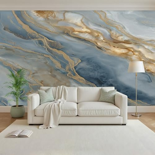 Générique Papier Peint Panoramique Intissé Marbre Bleu Doré 500x280cm(L x H) - Revêtement Mural pour Chambre Salon - Moderne Marbre De Luxe Décoration Murale Poster Mural xxl