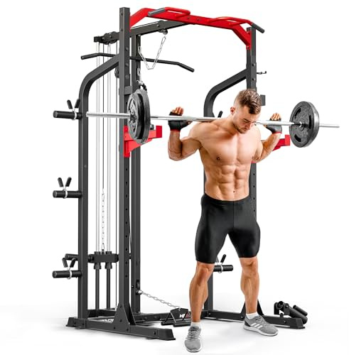 Hop-Sport Power Rack HS-2050K mit Latzug und Kabelzugstation, Power Cage mit Klimmzugstange, Sicherheitsablagen, Landmine, Squat Rack und Langhantelablage für Home Gym Krafttraining zuhause