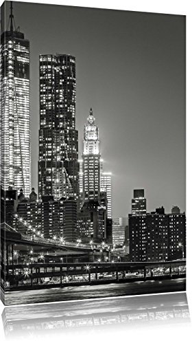 Pixxprint New York City Skyline bei Nacht, Größe: 100x70cm, Leinwandbild, fertig gespannt, Wandbild, Dekoration, Kunstdruck, kein Poster