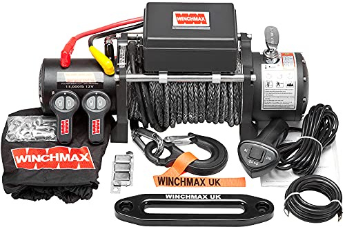 WINCHMAX 13500lb / 6123kg Militärische 12v elektrische Winde. 28 m 11 mm Dyneema-Seil, Wettkampfhaken. Aluminuim Fairlead und Twin Handset Wireless-Fernbedienungen.