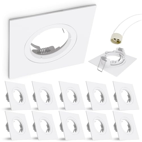 linovum Einbaurahmen 10er Set eckig weiß GU10 inkl. Fassung | Zehn Deckenrahmen weiß matt - für GU10 oder MR16, einfacher Wechsel ohne Sprengring, inkl. Fassung (ohne Leuchtmittel)