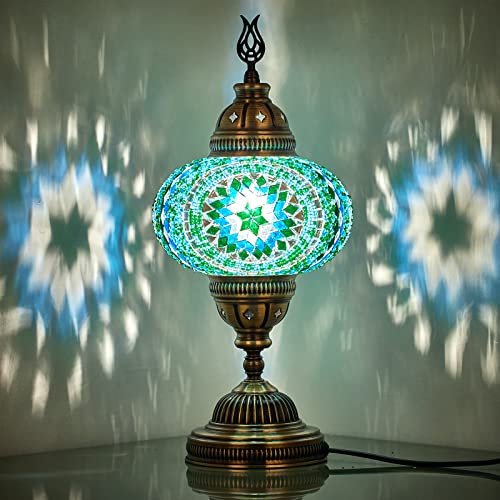 DEMMEX Turkish Moroccan Mosaic Table Bedside Desk Night Tiffany Colorful Lamp Light Lampshade for Bedroom, Living Room, Entryway, Office, Handmade Mosaic Glass Globe, 36cm, Turquoise Green Blue
