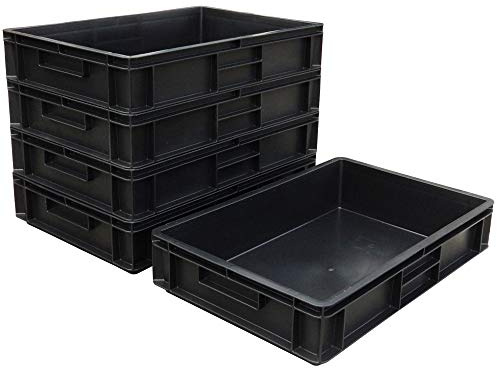 Pack of 5 - Black 60 x 40 x 12 cm Recycled Plastic Euro Stackable Container Trays with Large 24 Litre Capacity, Hand Grips and Solid Sides and Bases