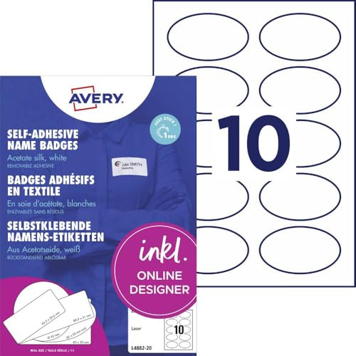Avery Zweckform L4882-20 Namensetiketten (200 Namensaufkleber, 85x50mm auf A4, selbstklebend, bedruckbare Textiletiketten aus Acetatseide für Laserdrucker, rückstandsfrei ablösbar) 20 Blatt, weiß