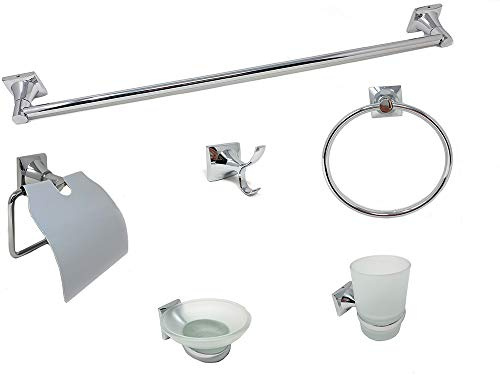 Vetrineinrete® Set Bagno Moderno in Acciaio Cromato e Vetro Satinato 6 Pezzi Accessori Bagno portasaponetta portarotolo spazzolini Asciugamano P37