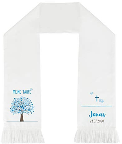 Striefchen® Personalisierter Taufschal mit 116 cm lang Weiß - Lebensbaum Blau