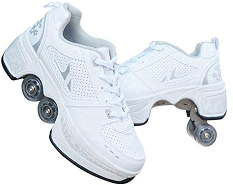 JTKDL Rollschuh Roller Skates Lauflernschuhe, Sneakers, 2in1 Mehrzweckschuhe Schuhe Mit Rollen Skateboardschuhe,Inline-Skate,Verstellbare Quad-Rollschuh Stiefel,Silver-37