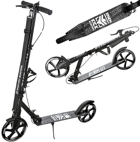 Raven - Patinete para niños y Adultos - Scooter - Patinete - Plegable, Ajustable, Correa de Transporte, Timbre, portabotellas - Straight Pro con Freno de Mano, Ruedas de 200 mm