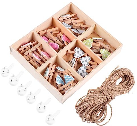 30 Stücke Mini Herz Holzklammern mit 10 Schnur Kleine Holz Wäscheklammern Hochzeit Deko Klammern Valentinstag Dekoration für Fotos Fotowand Snacks Tüten Neujahr
