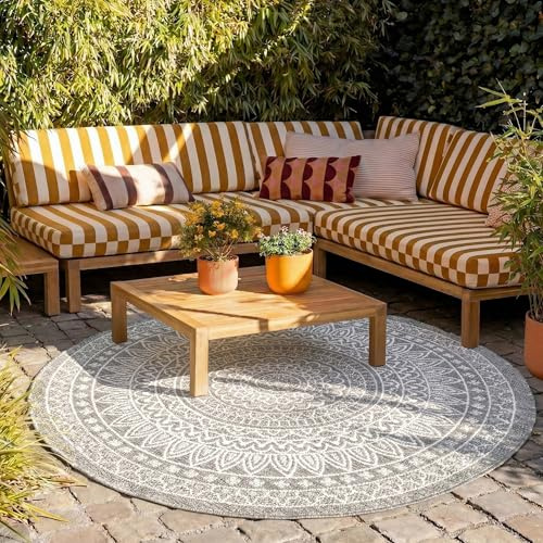 In- & Outdoor Teppich Rund - Summer Azteca Hellgrau - Ø 100 cm | Wetterfest - Synthetik, Polypropylen - Balkon, Garten / Terrasse - Terrasse teppich - Outdoor rug
