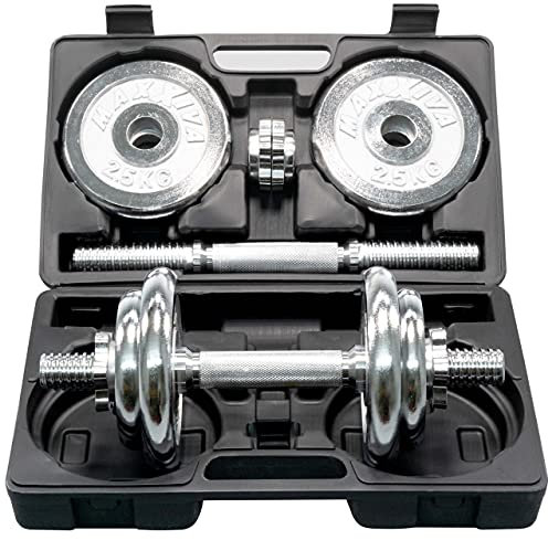 MAXXIVA Kurzhantel-Set Chrome 2x10 kg 8 Gewichtsscheiben Sternverschluss Hantelset im Koffer Kraftsport Muskelaufbau Workout Bodybuilding Reha 20 kg