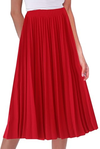 Falda plisada de cintura alta elástica para mujer, acampanada, falda larga vintage, rosso, L