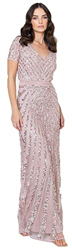 Maya Deluxe Women's Maxi Ladies Embellished Sequin Dress Long Short Sleeve V Neck High Empire Waist A Cut Shiny Prom Wedding Bridesmaid, Frosted Pink, 18