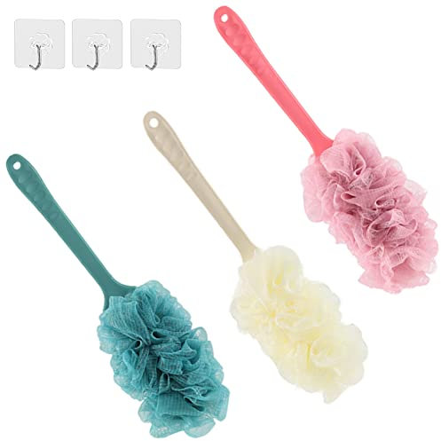 3 Pack Long Handle Bath Brush,Body Brush Back Scrubber,Shower Body Exfoliating Brush,Loofah On a Stick Sponge Brush for Back Cleaning, Exfoliating and Removing Dead Skin