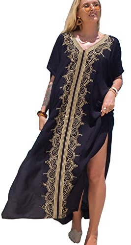 YouKD Broderad och blommig sommarklänning med lös passform i bomull, kaftan och bohemisk stil, strandklänning, bikini-överdrag i stor storlek, för kvinnor, en storlek
