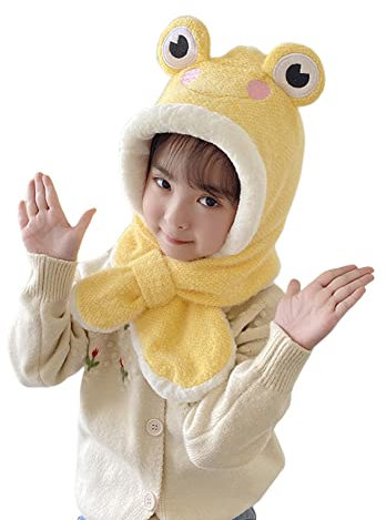 Kinder Mütze und Schal Set für Jungen Mädchen 3-6 Jahre, Unisex Warme Plüsch Cartoon Frosch Hüte Beanie Mütze Plüsch Wintermütze Plüsch Ohrenklappen Hüte Schlupfmütze Hut Kapuzen Schal,Gelb