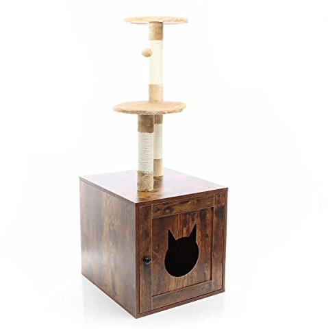Fudajo Kratzbaum aus Holz 125 cm mit Katzenhaus, Vintagebraun | Design Katzenkratzbaum, 2in1 Katzenhaus mit Katzenklo, Kletterbaum für Katzen