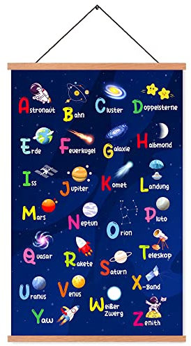 ZDFDC Kinderzimmer Poster,Weltraum-Planeten-Astronaut Themen ABC Alphabet Wandbilder(Deutsch),Holz Posterleiste,Magnetischer,AufhäNgen(40x65cm,Leinwand+Teak)