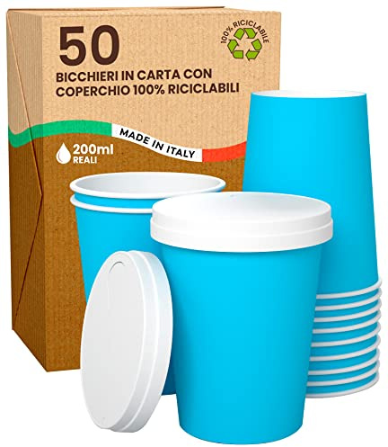 Baciato Caffè 50 Gobelets Carton BLEU pour Café à Emporter - Tasse Jetables 200ml avec Couvercles pour Servir le Thé, Cappuccino, Chocolatdes Boissons Chaudes et Froides