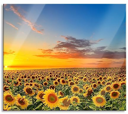 Sonnenuntergang Sonnenblumen Herdabdeckplatte & Spritzschutz aus Echtglas | Für Herd-Kochfelder | 60x52 cm