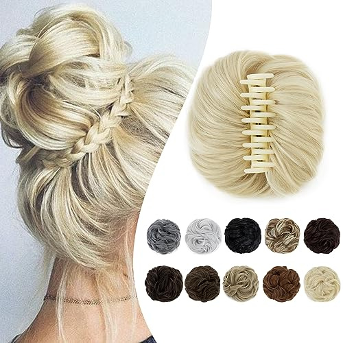 Elailite Haarteil mit Klammer Haar Dutt Haarteile Haardutt Haargummi mit Haaren #613 Hellblond Haarverlängerung mit Gummiband Claw Clip Ponytail Bun (Kaliber 15cm)