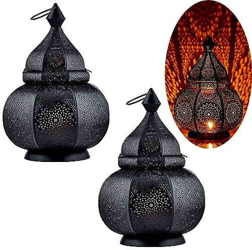 2er Set Marrakesch Lampe und Laterne in einem aus Metall 30 cm groß | Tischlampe Windlicht Lamisa Schwarz als Orientalische Dekoration