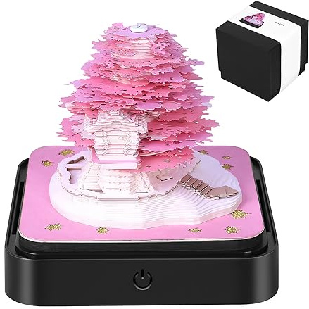 Zoomarlous Schreibtisch Kalender mit Lichtern, 3D Kalender Abreißen 2026, 3D Memo Pad Papier Kunst Sakura Baum, Kreative Notizblock Papier Schnitzen Geschenk Home Desktop Dekoration (Rosa)