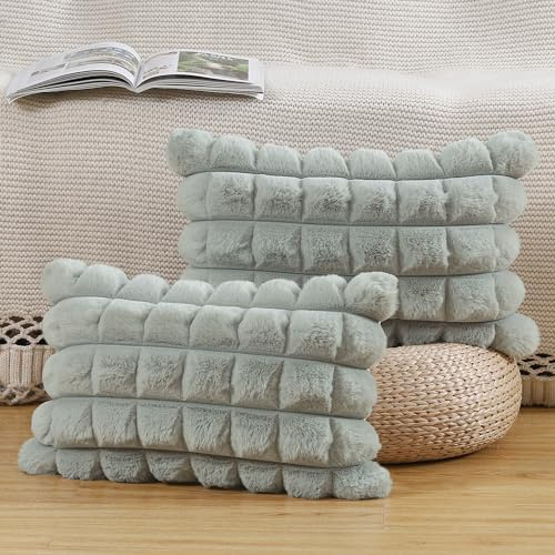 Madizz 2er Set Kunstpelz Plüsch Dekorative Kissenbezüge Gestreifte Weich Dekorative Kissenbezug für Sofa Schlafzimmer Kissen Shell Hellgrau 40 x 60 cm