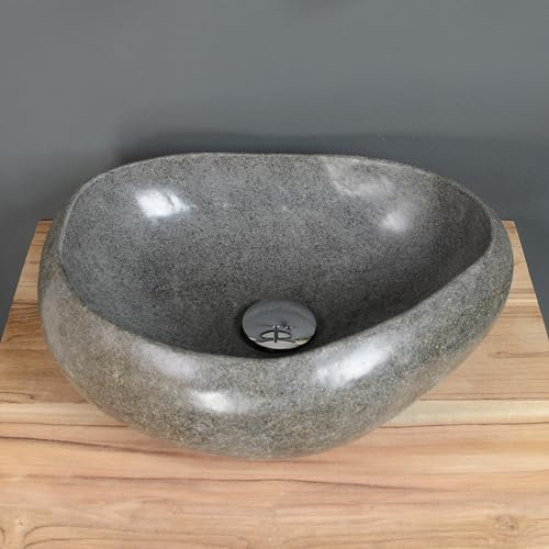 40 cm rund Naturstein Waschbecken grau von WOHNFREUDEN - Stein Aufsatzwaschbecken Naturstein Waschbecken Badezimmer Waschbecken Bad Handwaschbecken