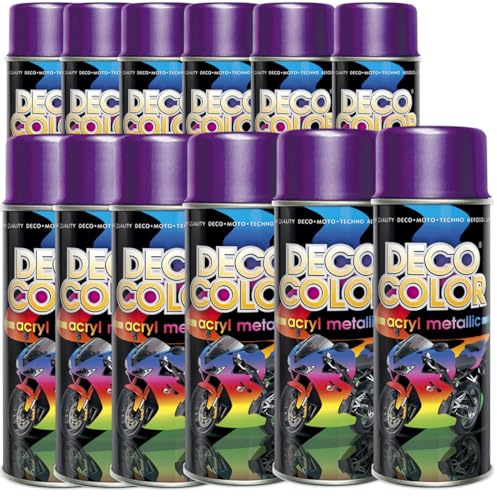 Deco Color 12er Sparpack Lackspray VIOLETT 400ml - Sprühlack mit Effekt für z.B. KFZ, Fahrrad (12 Dosen Lackspray Violett mit Metallic-Effekt)