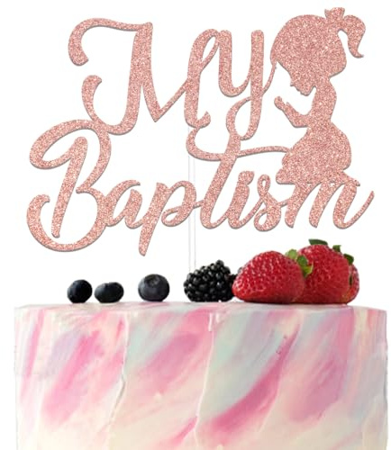 My Baptism Cake Topper - Christening Baby Shower Decorations - First Holy Communion Decoration Rose Gold Glitter