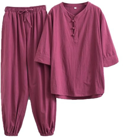 MYIESAXL Traje Suelto de Artes Marciales - Traje Tang para Mujer, Uniformes de Kung Fu, Uniforme de Tai Chi de Lino de Algodón, Pantalones de Manga Corta, Abrigos, Tops, Ropa de Qigong