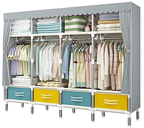 LAMEDOAT Tragbarer Kleiderschrank aus Segeltuchstoff, verdicktes Stahlrohr mit Metallregal und Staubschutz, platzsparend zum Aufbewahren von Kleidung, Schuhen, Spielzeug,A