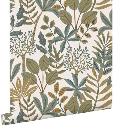 Esta Home papel pintado hojas azul gris, verde oliva agrisado y amarillo ocre 50 x 900 cm