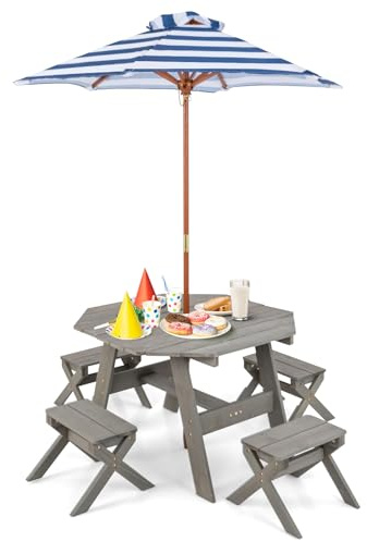COSTWAY Kids Picnic Table and Benches Set, Wooden Children Garden Furniture with Foldable & Height Adjustable Parasol, 4 Seater Outdoor Toddler Table & Chairs for Boys Girls (Grey)