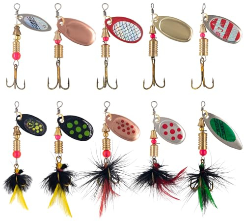 YPWUE Rooster Tail Fishing Lures – 10pcs Inline Spinner Baits Kit for Trout, Bass & Salmon – Effective in Freshwater, Streams & Fast Currents