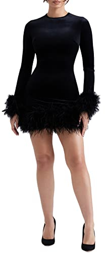 Women's Long Sleeve Bodycon Mini Dresses Elegant Feather Trim Tight Fluffy Dress Night Out Party Cocktail Evening Dress