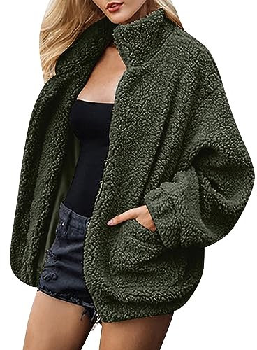 Damen Teddy Fleecejacke Oversized, Teddyjacke Ohne Kapuze Stehkragen-Sweatjacke Fleece Hoodie Jacke Winter Warm Kapuzenpullover Weich Übergangsjacke Komfort Mantel Plüschjacke Kapuzenpullover