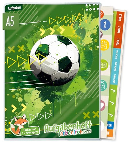 Häfft® Hausaufgabenheft Grundschule A5 ohne Datum Fußball | Immer sichtbarer Stundenplan - undatiertes Aufgabenheft Farbenfroh Smart inkl. Schutzumschlag + Sticker